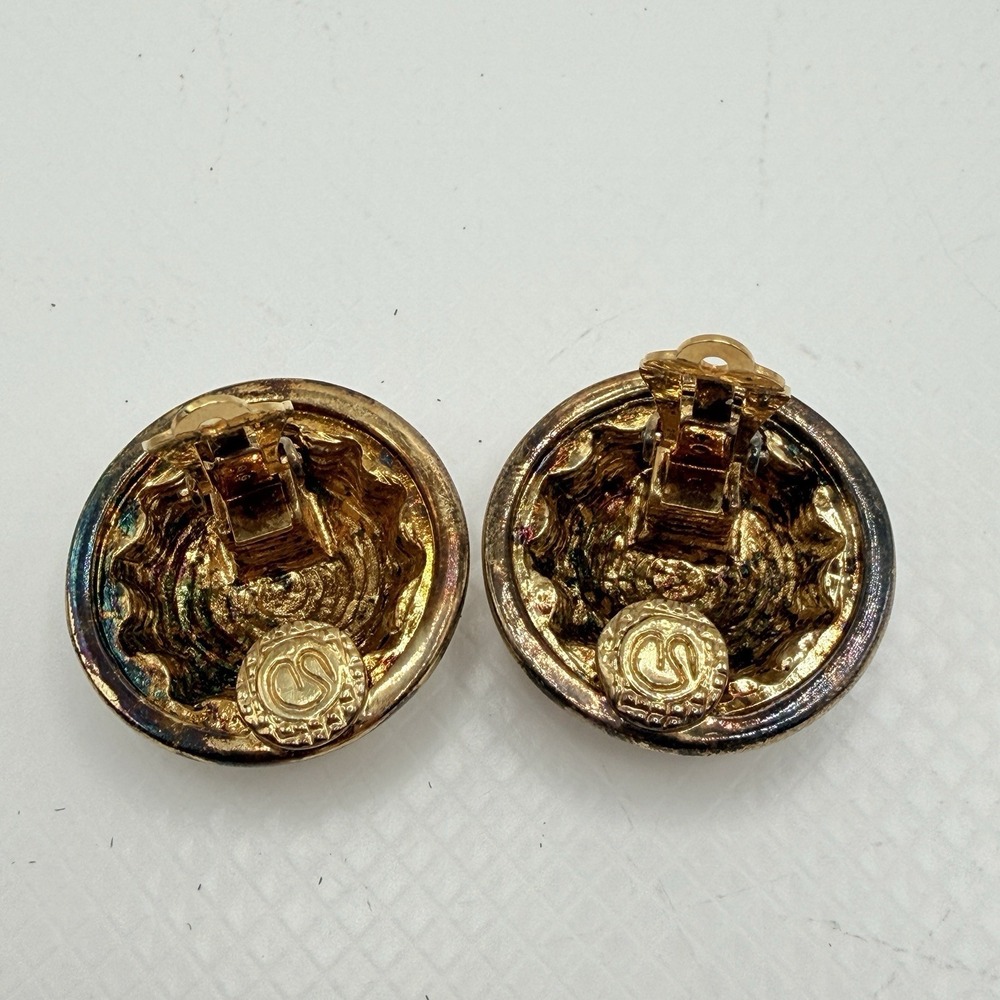 Vintage St. John Gold Tone & Clear Rhinestone Dome Button Clip Earrings READ - Picture 11 of 16